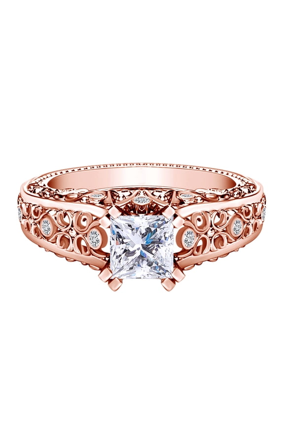 1.41 Carat Princess Cut Moissanite & Natural Diamond Filigree Design Engagement Ring 14k Solid Rose Gold Ring Size-9.5