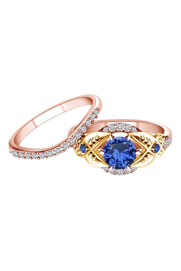 1.41 Carat Round Simulated Blue Sapphire & Natural Diamond Half Eternity Band Ring 14k Solid Rose Gold Ring Size-9.5