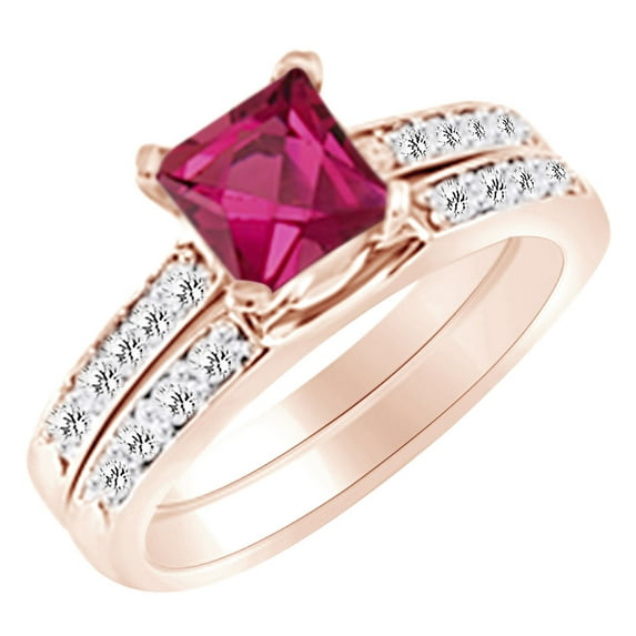 AFFY (1.42 cttw) Simulated Pink Sapphire & White Natural Diamond Engagement Wedding Ring Set In 14k Rose Gold With Ring Size 9