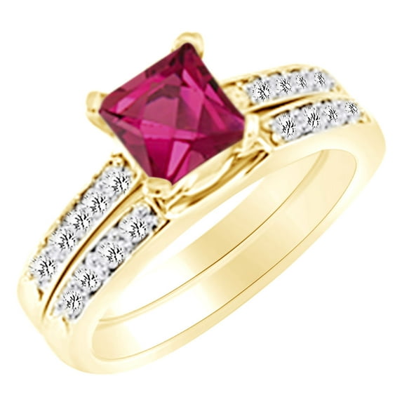 AFFY (1.42 cttw) Simulated Pink Sapphire & White Natural Diamond Engagement Wedding Ring Set In 14k Yellow Gold With Ring Size 4