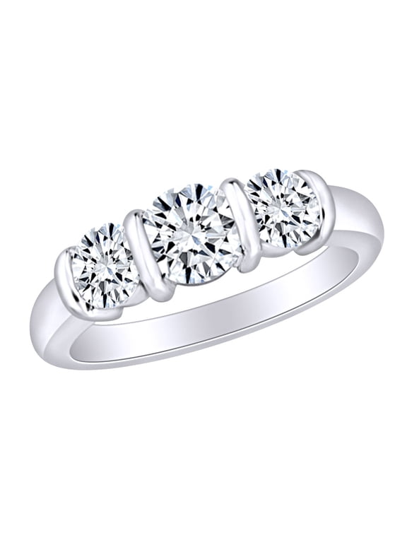 1.5 Carat (Ctw) Round Cut White Natural Diamond Bar Set Three Stone Engagement Ring In 14k Solid White Gold Ring Size-7.5