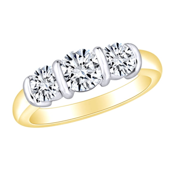 AFFY 1.5 Carat (Ctw) Round Cut White Natural Diamond Bar Set Three Stone Engagement Ring In 14k Solid Yellow Gold Ring Size-10