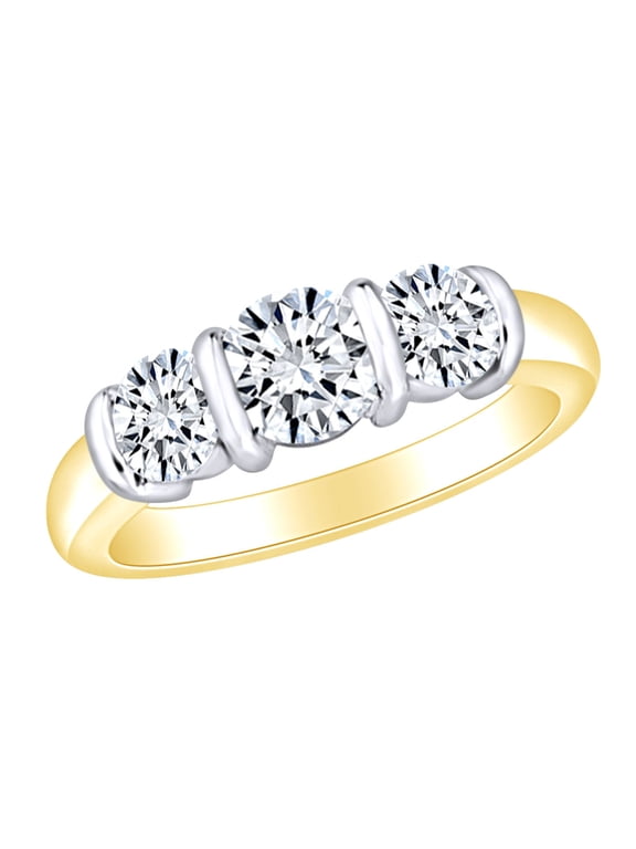 1.5 Carat (Ctw) Round Cut White Natural Diamond Bar Set Three Stone Engagement Ring In 14k Solid Yellow Gold Ring Size-10