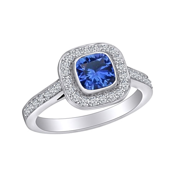 AFFY 1.5 Carat (Ctw) Simulated Blue Sapphire & White Natural Diamond Halo Engagement Ring In 14k Solid White Gold Ring Size-6.5