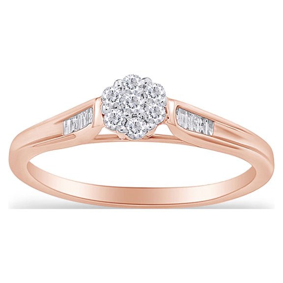 AFFY 1/5 Carat Round Shape Natural White Diamond Flower-Shaped Promise Ring In 14K Rose Gold Over Sterling Silver (0.2 Cttw, J-K Color, I2-I3 Clarity), Ring Size-4.5