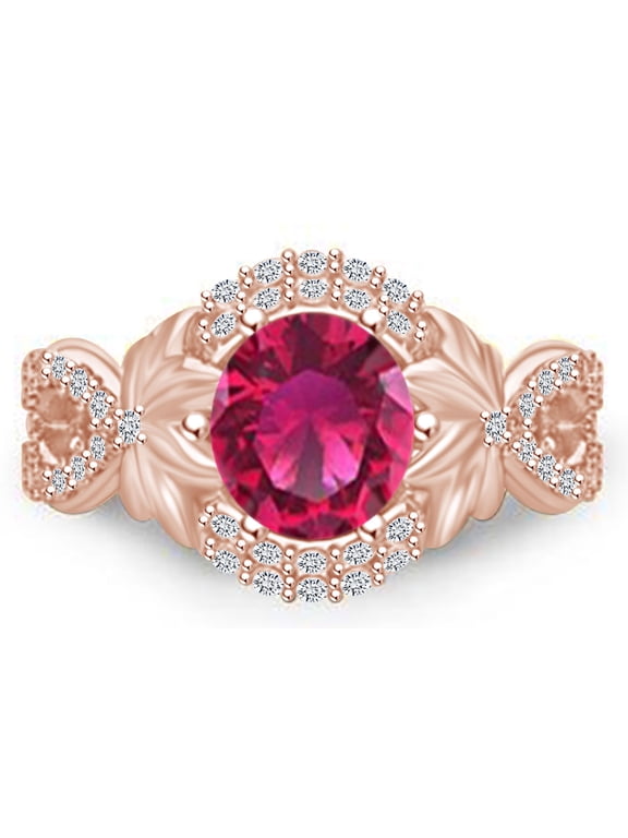 1.5 Carat Round Shape Simulated Pink Ruby & Natural Diamond Flower Engagement Ring 14k Solid Rose Gold Ring Size-5.5