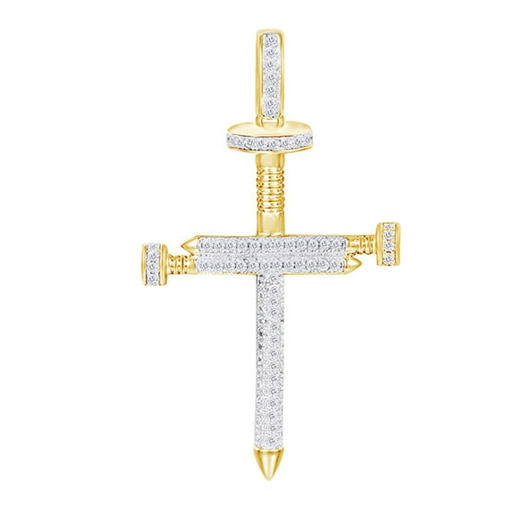 AFFY 1/5 Carat Round White Natural Diamond Hip Hop Jewelry Nail Cross Pendant In 10k Solid Yellow Gold (0.2 Cttw)