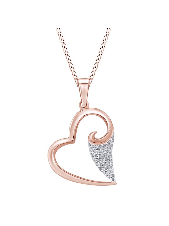 1/5 Carat Round White Natural Diamond Scroll Heart Pendant Necklace In 10K Solid Rose Gold (I-, I2-I3 Clarity , 0.20 Cttw)