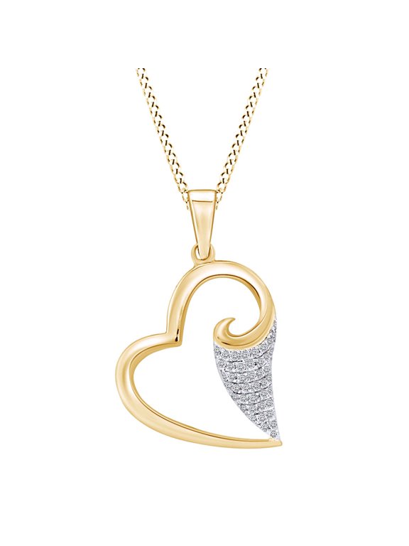 1/5 Carat Round White Natural Diamond Scroll Heart Pendant Necklace In 10K Solid Yellow Gold (I-, I2-I3 Clarity , 0.20 Cttw)