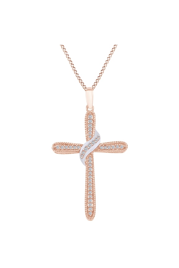 1/5 Carat Round White Natural Diamond Two Tone Cross Pendant Necklace In 10k Solid Rose Gold (0.20 Cttw)