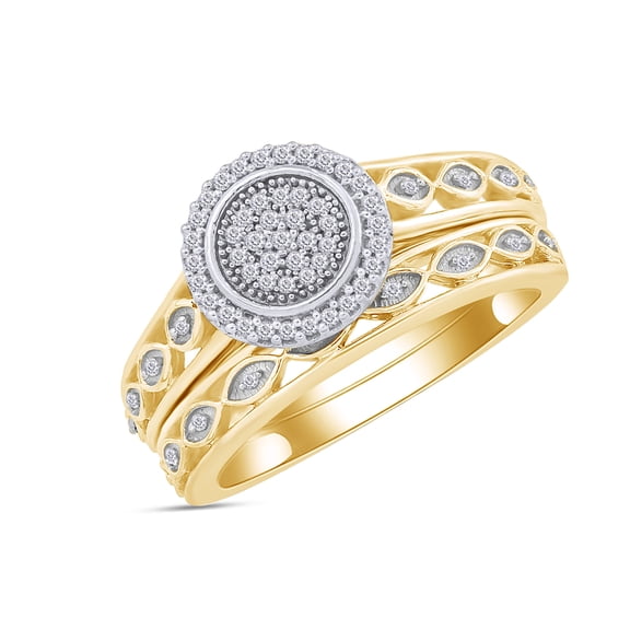AFFY 1/5 Cttw Round Cut Natural Diamond Frame Bridal Set Wedding Ring In 14K Yellow Gold Over Sterling Silver (0.2 Cttw, I2-I3 Clarity), Ring Size-9