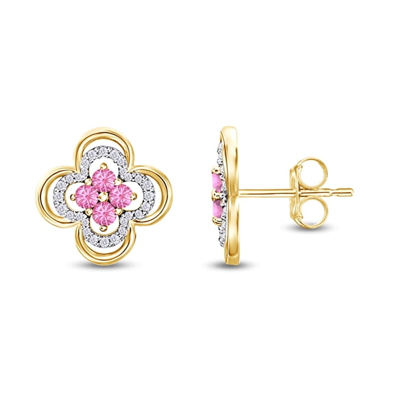 AFFY 1/5 Cttw Round Cut Natural Diamond & Simulated Pink Tourmaline Clover Studs Earrings In 14K Yellow Gold Over Sterling Silver
