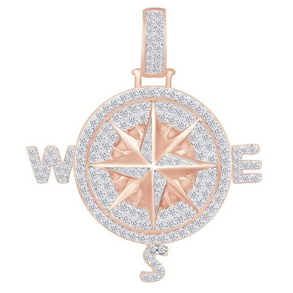 AFFY 1.5 Cttw Round White Natural Diamond Hip Hop Jewelry Navigation Compass Pendant In 14k Solid Rose Gold