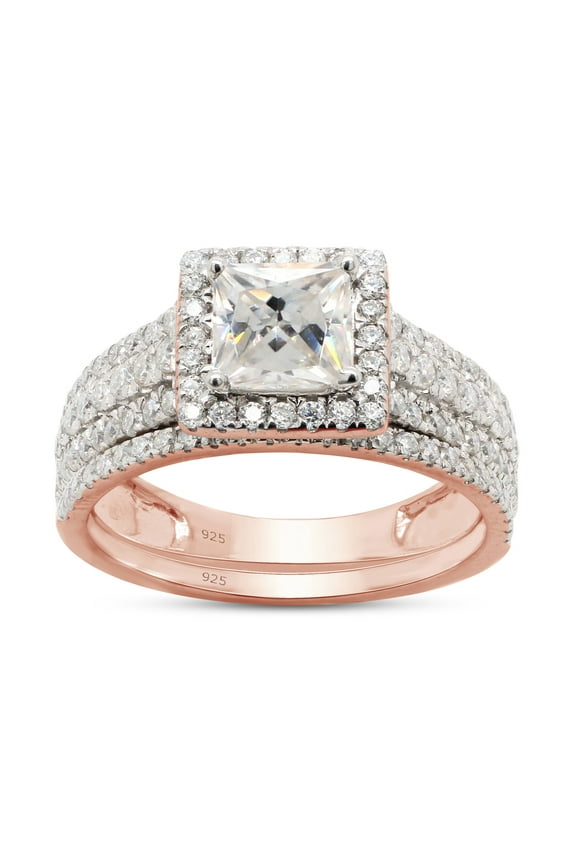 1.50CT Princess & Round Lab Created Moissanite Diamond Halo Bridal Ring Set in 14K Rose Gold over Sterling Silver-4