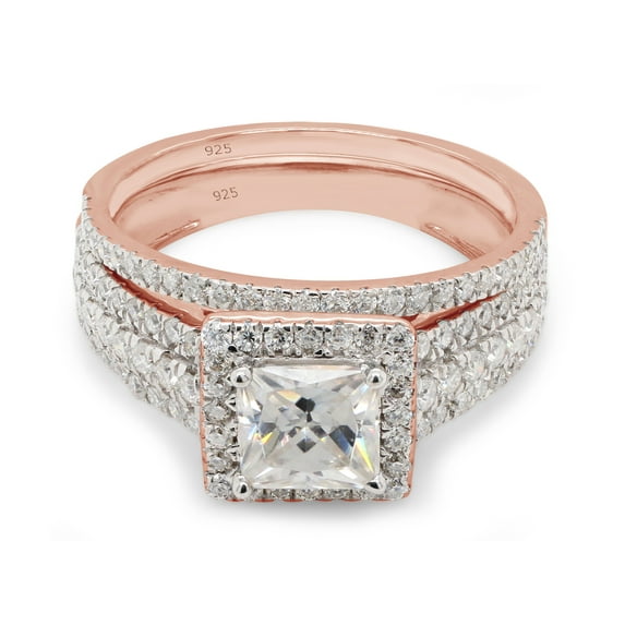 AFFY 1.50CT Princess & Round Lab Created Moissanite Diamond Halo Bridal Ring Set in 14K Rose Gold over Sterling Silver-5
