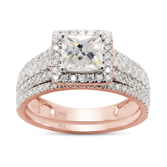 AFFY 1.50CT Princess & Round Lab Created Moissanite Diamond Halo Bridal Ring Set in 14K Rose Gold over Sterling Silver-8.5
