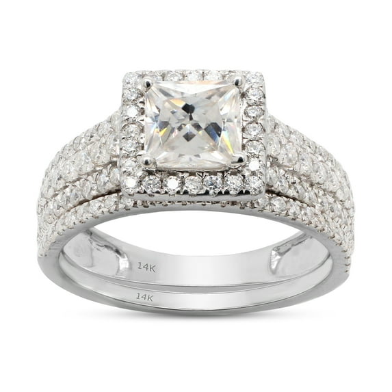 AFFY 1.50CT Princess & Round Moissanite Diamond Halo Bridal Ring Set for Women 14K Solid White Gold-7.5