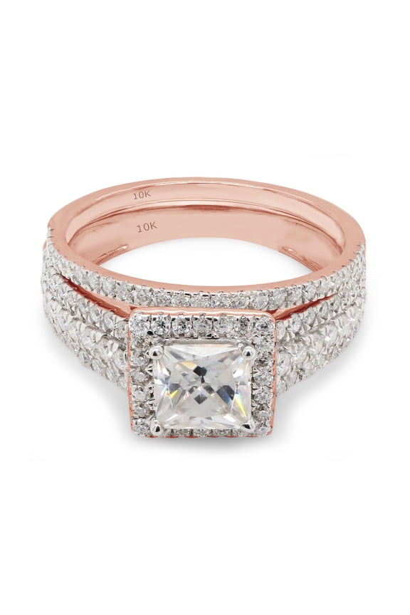 1.50CT Princess & Round Moissanite Diamond Halo Bridal Ring Set in 10K Solid Rose Gold-8