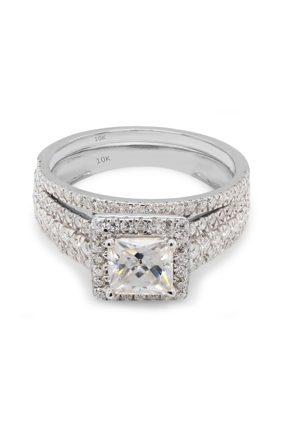 1.50CT Princess & Round Moissanite Diamond Halo Bridal Ring Set in 10K Solid White Gold-4