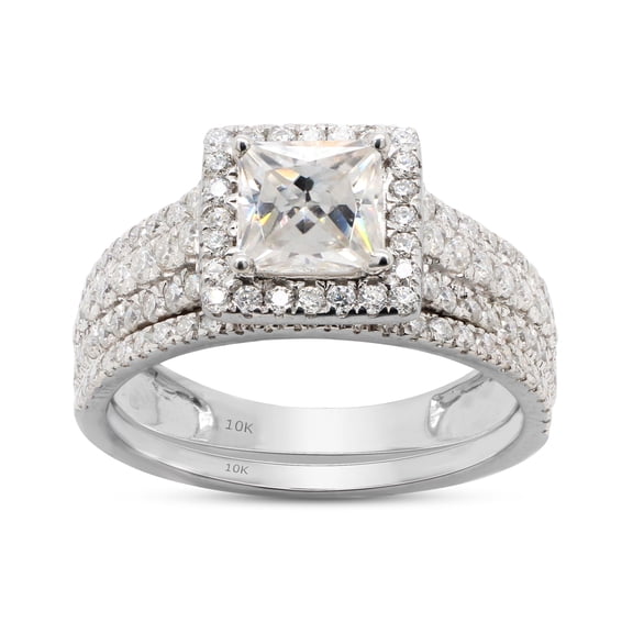 AFFY 1.50CT Princess & Round Moissanite Diamond Halo Bridal Ring Set in 10K Solid White Gold-5