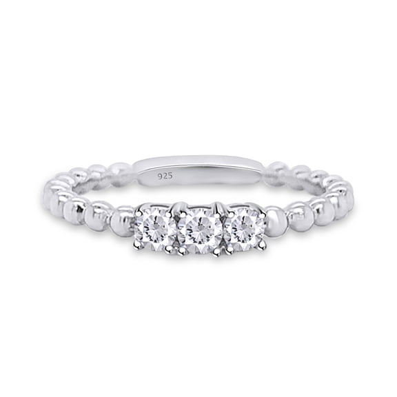 AFFY 1/6 Cttw Round Cut Natural Diamond Past Present Future Beaded Stackable Band Rings For Women In 14K White Gold Over Sterling Silver (0.16 Cttw) Ring Size-6.5