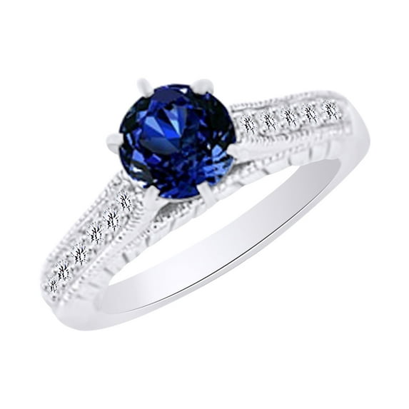 AFFY (1.79ct) Round Cut Simulated Blue Tanzanite & White Diamond Vintage Style Engagement Ring In 14k Solid Gold With Ring Size 13