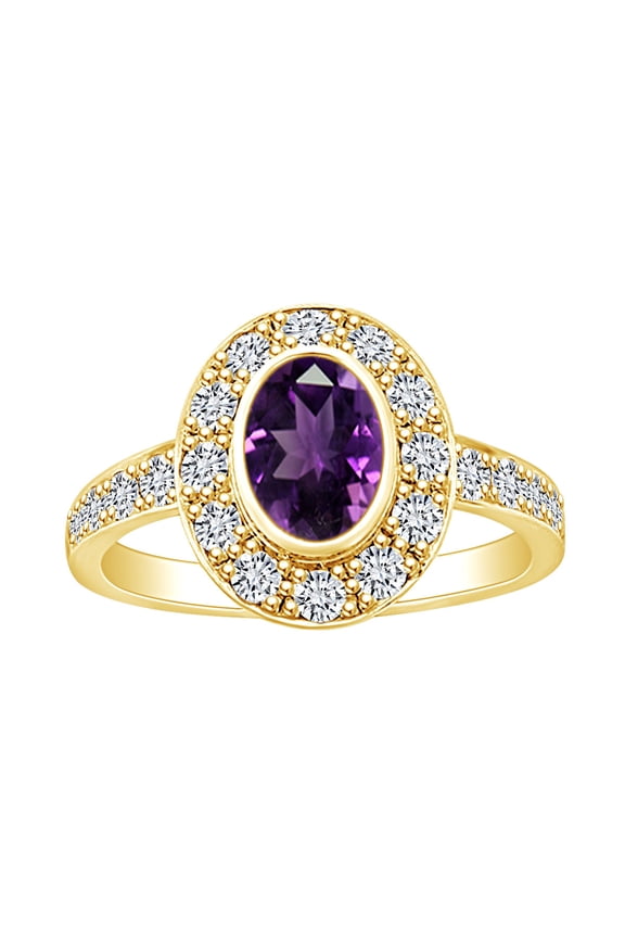 1.8 Carat (Ctw) Simulated Amethyst & White Natural Diamond Cluster Engagement Ring In 14k Solid Yellow Gold Ring Size-5.5