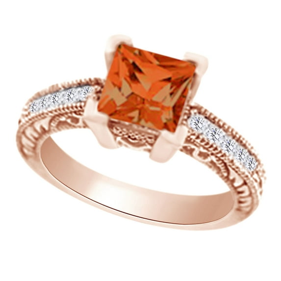 AFFY (1.85 cttw) Simulated Citrine & White Natural Diamond Antique Style Engagement Wedding Ring In 14k Rose Gold With Ring Size 13