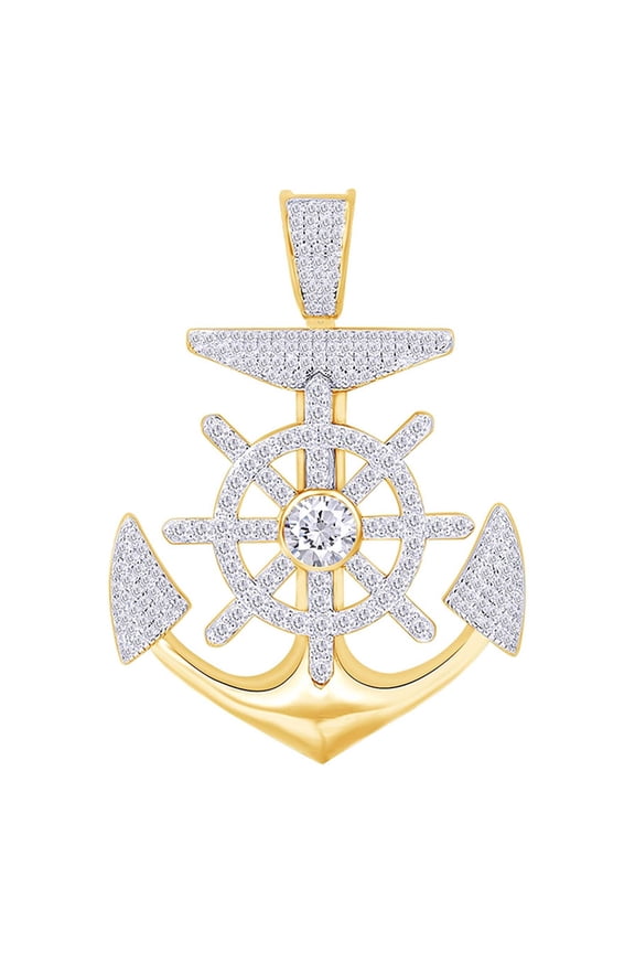 1.89 Carat (Ctw) Round White Natural Diamond Iced Out Anchor With Wheel Hip Hop Pendant 14k Solid Yellow Gold