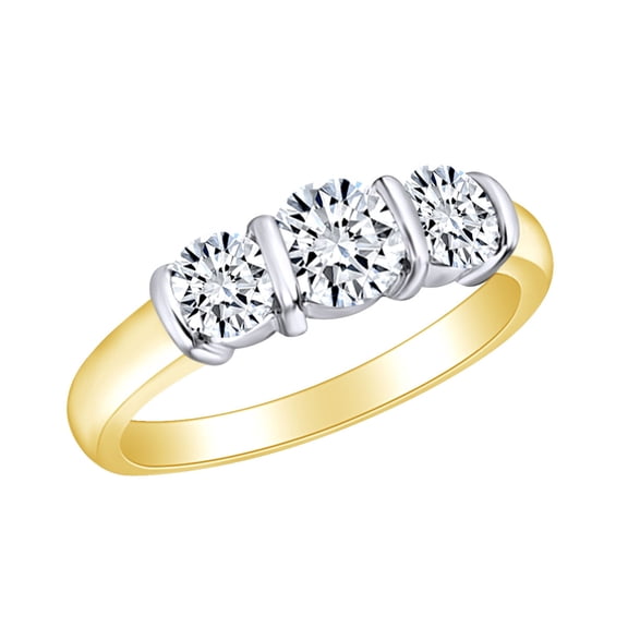 AFFY 1 Carat (Ctw) Round Cut White Natural Diamond Bar Set Three Stone Engagement Ring In 14k Solid Yellow Gold Ring Size-9.5