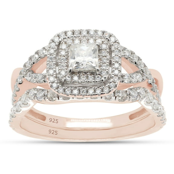 AFFY 1 Carat Princess & Round Moissanite Diamond Halo Bridal Ring Set 14K Rose Gold over Silver-4