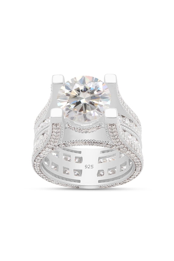 10 Carat Round Cut White Cubic Zirconia Solitaire Bridge Style Engagement Ring For Women In 14K White Gold Over 925 Sterling Silver (10 Cttw)-7.5