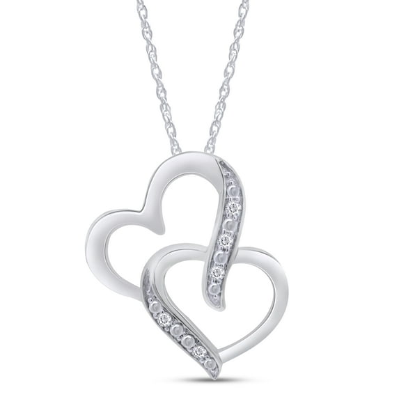 AFFY 10k Solid White Gold Round Cut Real Natural White Diamond Double Heart Pendant Necklace (I-J Color, I2-I3 Clarity)