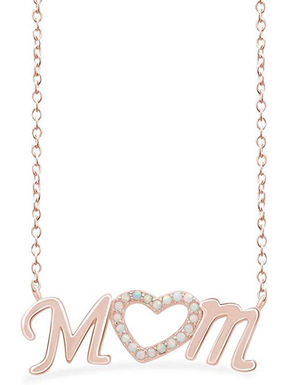 14K Rose Gold Over Sterling Silver Round Cut Synthetic Rainbow Opal Mom Heart Pendant Necklace Jewelry Gift