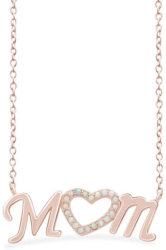 14K Rose Gold Over Sterling Silver Round Cut Synthetic Rainbow Opal Mom Heart Pendant Necklace Jewelry Gift