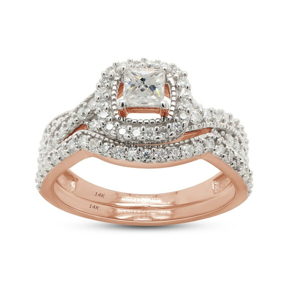 AFFY 14K Solid Rose Gold Princess & Round Lab Created Moissanite Diamond Halo Bridal Set Ring-10