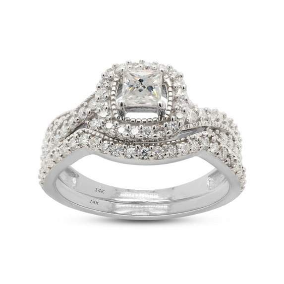 AFFY 14K Solid White Gold Princess & Round Lab Created Moissanite Diamond Halo Bridal Set Ring-9