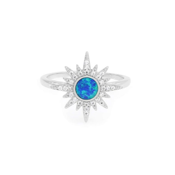 AFFY 14K White Gold Over Sterling Silver Lab Created Opal CZ Starburst Ring for Women Ring Size-6