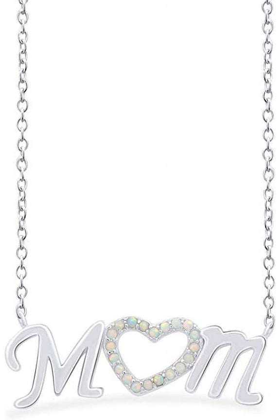 14K White Gold Over Sterling Silver Round Cut Synthetic Rainbow Opal Mom Heart Pendant Necklace Jewelry Gift