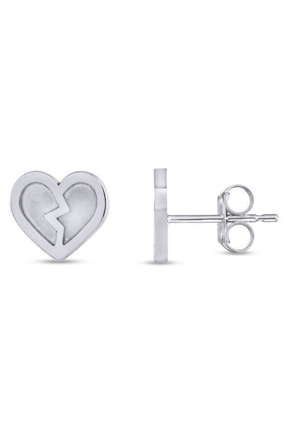 14K White Gold over Sterling Silver Tiny Broken Heart Minimalist Danity Stud Earrings