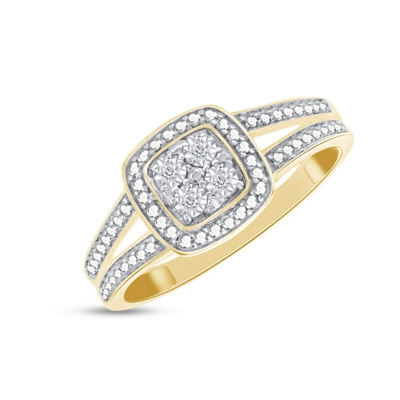AFFY 14K Yellow Gold Over Sterling Silver, Round Cut Natural Diamond Accent Cushion Frame Split Shank Anniversary Ring, Size-11.5