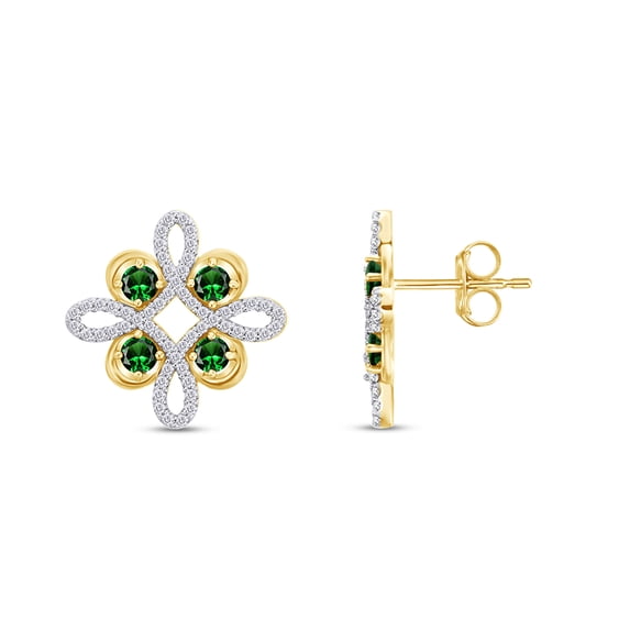 AFFY 14K Yellow Gold Over Sterling Silver Round Cut Simulated Emerald & 1/4 Carat Natural Diamond Stud Earrings (0.25 Cttw, I2-I3 Clarity)