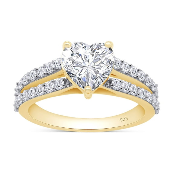 AFFY 14K Yellow Gold Plated 6.5MM Heart Lab Created Moissanite Diamond Solitaire Split Shank 925 Sterling Silver Promise Ring-11.5