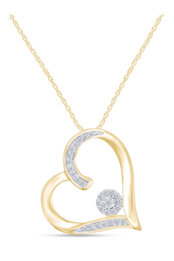 14K Yellow Gold Over Sterling Silver Round Cut Natural Diamond Tilted Heart Outline Pendant Necklace Along With 18" Chain Jewelry For Women's (0.1 Cttw, J-K Color, I2-I3 Clarity)
