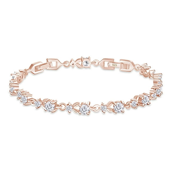 AFFY 14k Rose Gold Over Sterling Silver Leaf Shape Tennis Bracelet Round Shape White Cubic Zirconia 7.25"