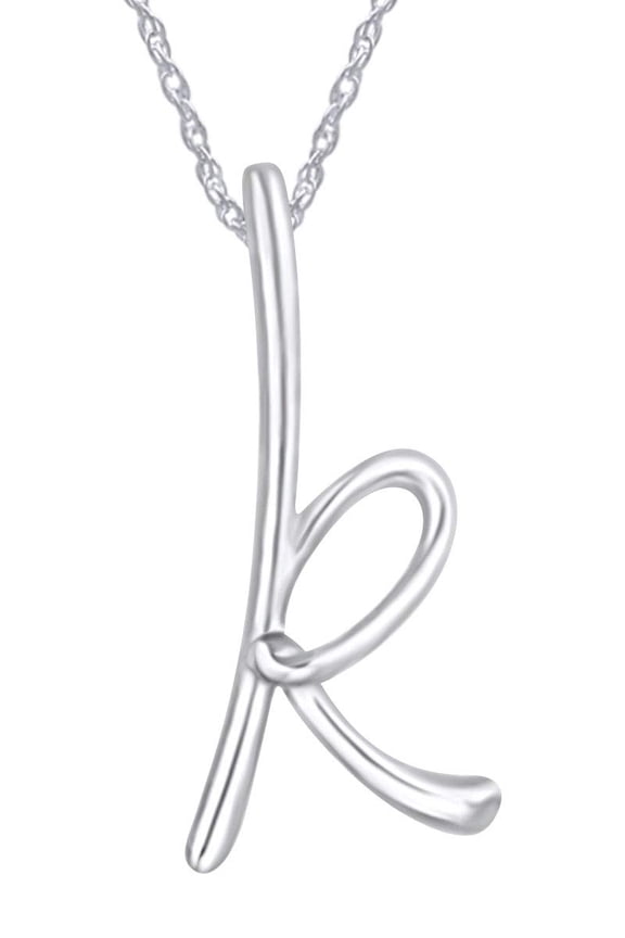 14k White Gold Over Sterling Silver Alphabet Letter K Script Initial Pendant Necklace with 18" Chain Jewelry for Women
