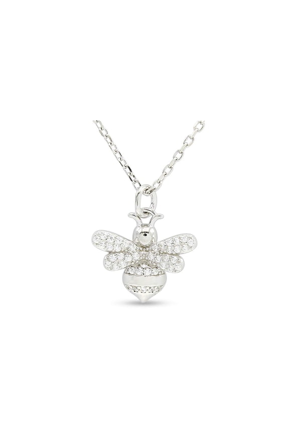 14k White Gold Over Sterling Silver Bee Bumblebee Pendant Necklace Round White Cubic Zirconia 16"+2" Chain