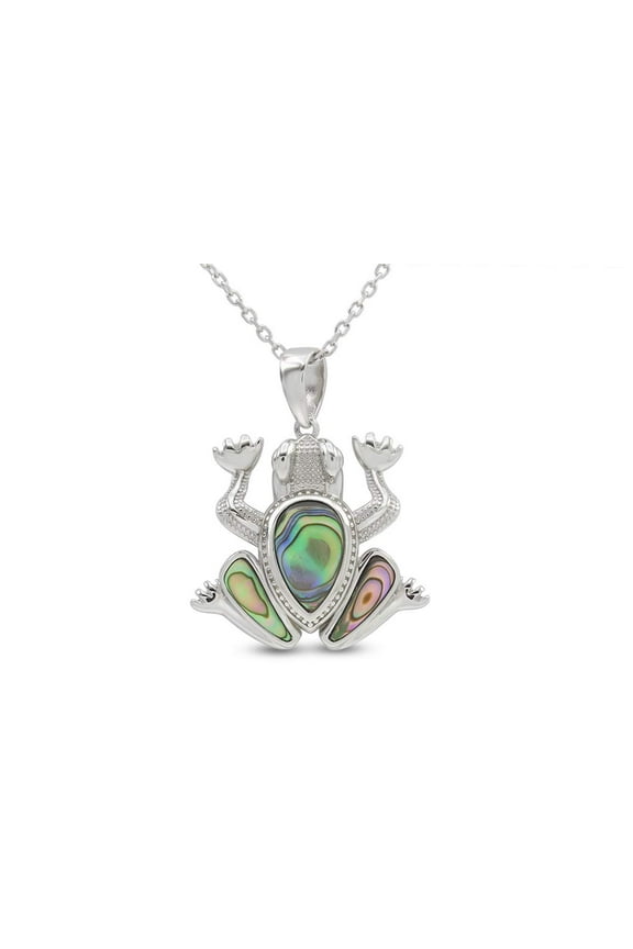 14k White Gold Over Sterling Silver Natural Abalone Frog Charm Pendant Necklace Jewelry Gift