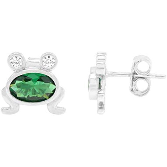 AFFY 14k White Gold Over Sterling Silver Simulated Emerald & Cubic Zirconia Animal Frog Post Stud Earrings
