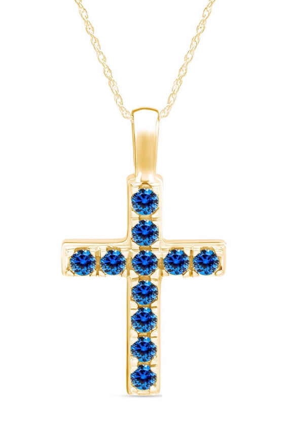 14k Yellow Gold Plated 925 Sterling Silver Round Cut Simulated Blue Topaz Cross Pendant Necklace With 18" Chain